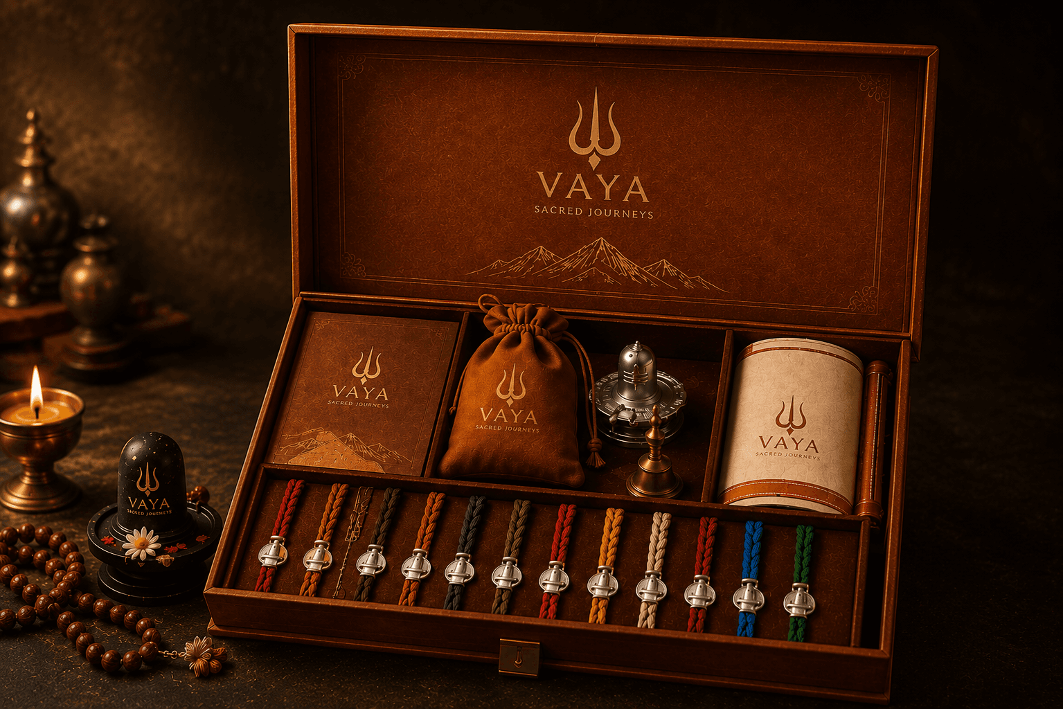 VAYA 12 Jyotirling Pooja Hamper — open luxury gift box with sacred items