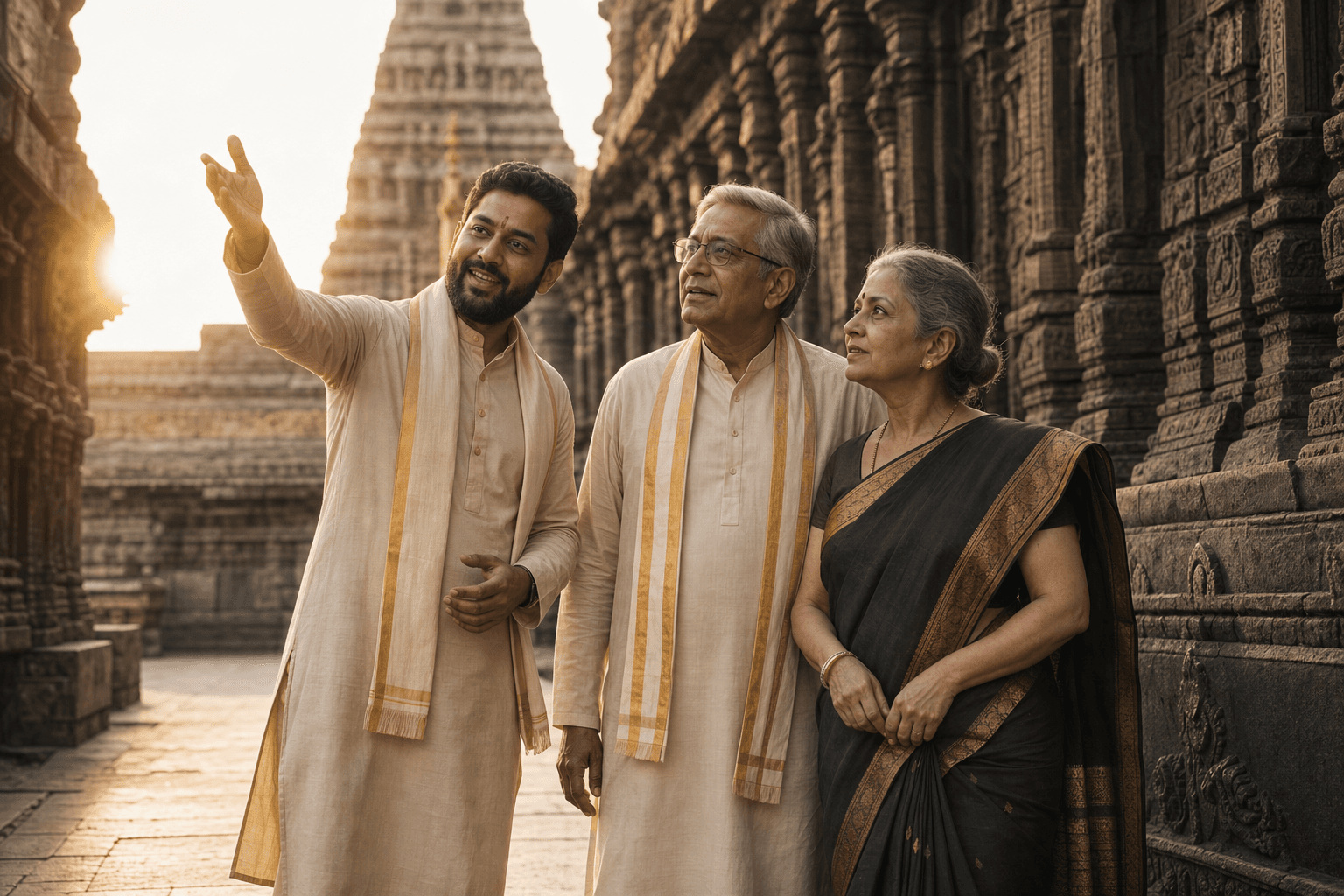 Vaya guide assisting pilgrims at a temple